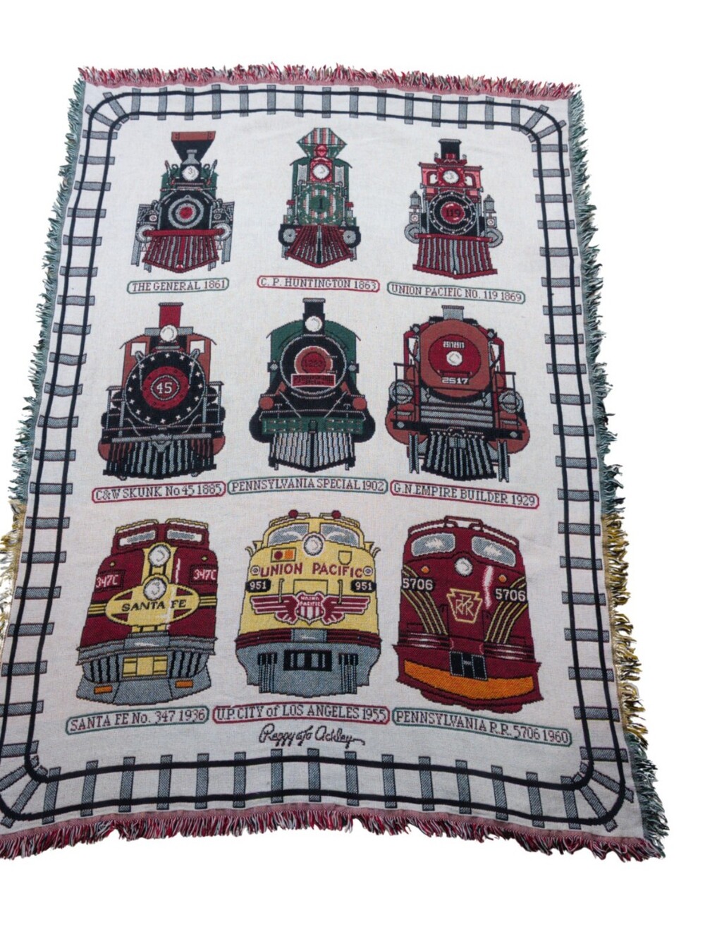 Vintage Goodwin Weavers Trains Tapestry Blanket Peggy Jo Ackley Made in USA